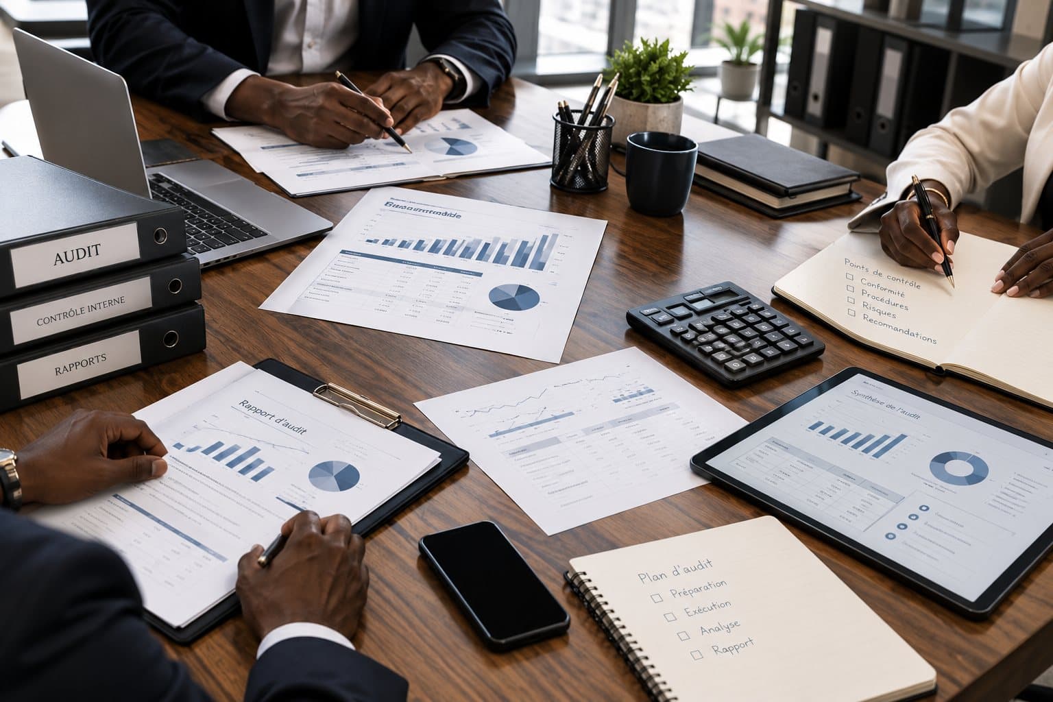 Dossiers d'audit, rapports et tableaux de bord étalés sur une table de réunion