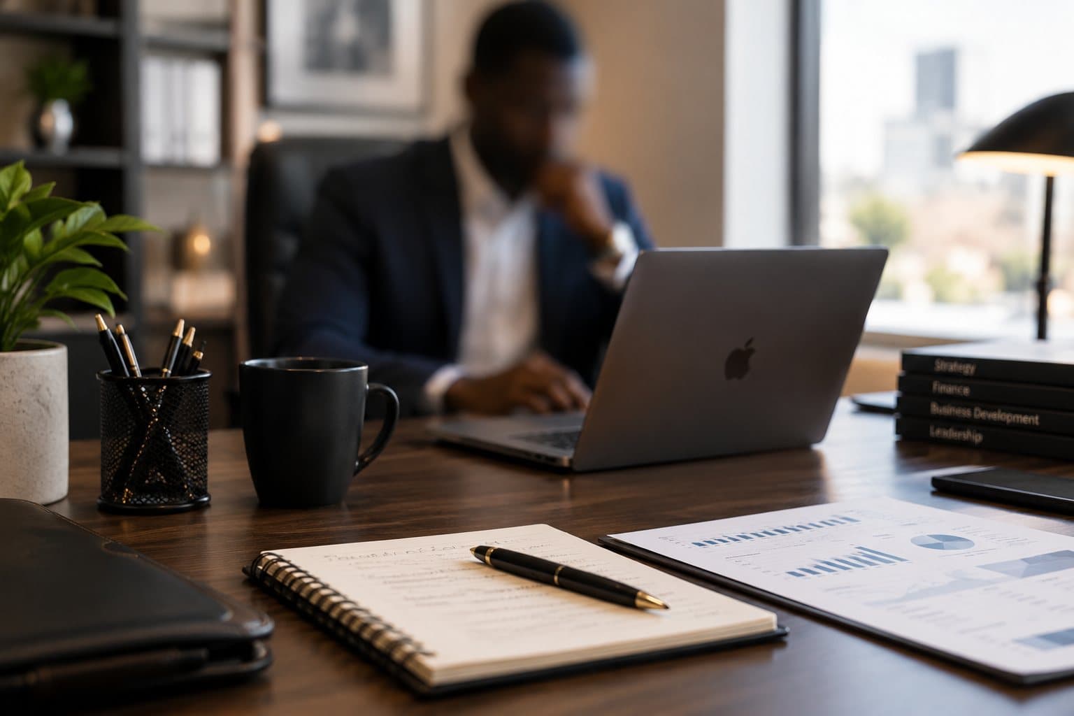 Bureau d'un dirigeant avec ordinateur, carnet et rapport financier