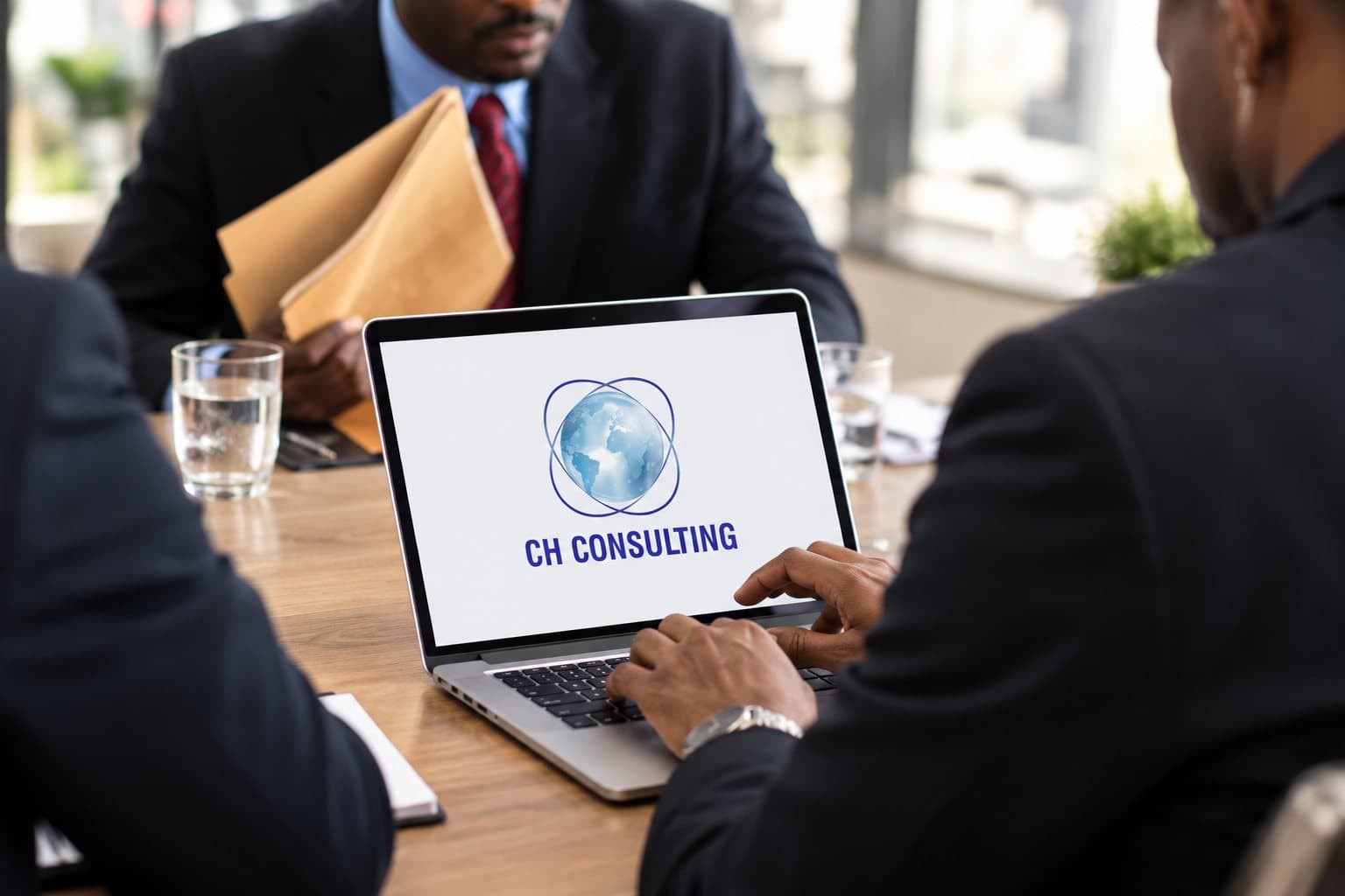 Réunion de travail autour d'un ordinateur affichant le logo CH CONSULTING
