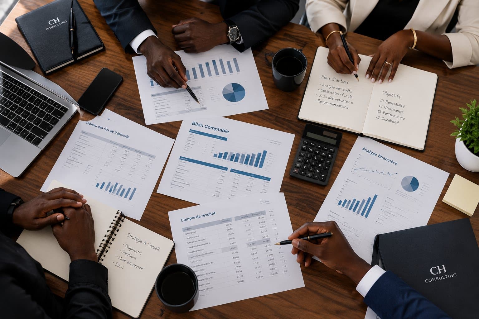 Vue du dessus d'une table de travail : bilans, flux de trésorerie et plan d'action